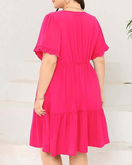 Photo 2 of 14W Pinup Fashion Plus Size Summer Dress - Casual Babydoll Tunic V Neck Short Ruffle Sleeve Tiered Dresses
