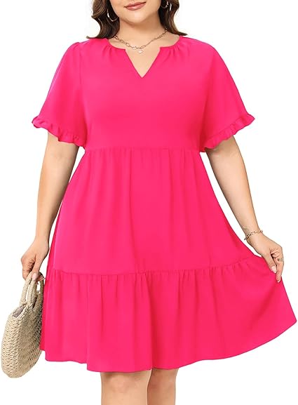 Photo 1 of 14W Pinup Fashion Plus Size Summer Dress - Casual Babydoll Tunic V Neck Short Ruffle Sleeve Tiered Dresses
