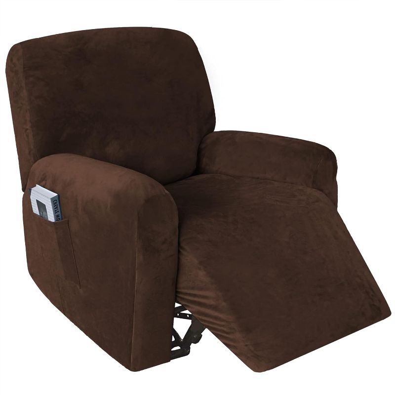 Photo 1 of 4 Pieces Thick Velvet Recliner Chair Slipcovers, Stretch Lazy Boy Cover for Leather Recliner Sofa RV Home Seater with Side Pocket
