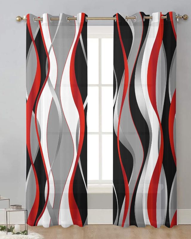 Photo 1 of Red Black Sheer Curtains 63 Inch Length 2 Panels Set for Living Room/Bedroom, Grey Moire Geometric Kitchen Curtains with Grommet, Modern Abstract Art Semi-Sheer Curtains Drapes Voile Window Treatments
