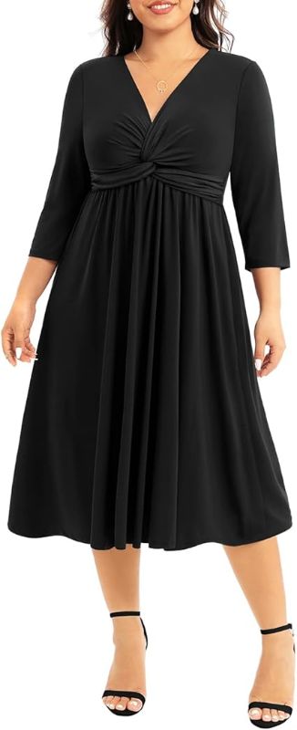 Photo 1 of 14W Pinup Fashion Women's Plus Size Twist Knot Front V Neck 3/4 Sleeve A-line Wedding Guest Midi Dress