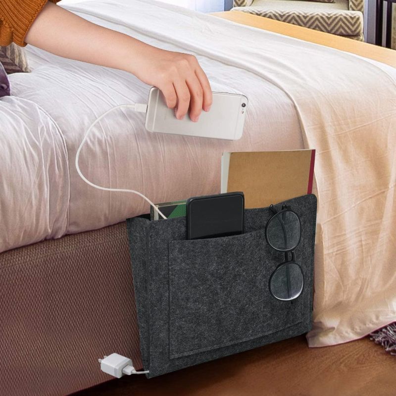 Photo 1 of Felt Bedside Caddy,Bed Side Pocket Storage Organizer Bag with 5 Pockets and Charging Hole for Home Bedroom, Living Room (1PCS/Dark Grey)
