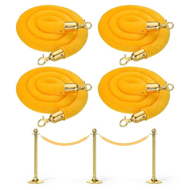 Photo 1 of Finderomend 4 Pack Velvet Stanchion Rope with Polished Gold Hooks,Crowd Control Rope Barrier,Stanchion Queue Barrier Velvet Rope (1 Pack 5 Feet,4 Pack Total Length 20 Feet) (YELLOW)
