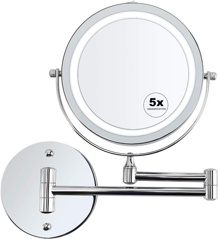 Photo 1 of FIRMLOC Wall Mounted Makeup Mirror LED Lighted Double Sided 5X Magnification 360° Swivel Extendable Cosmetic Vanity Mirror for Bathroom Hotels, Powered by Batteries