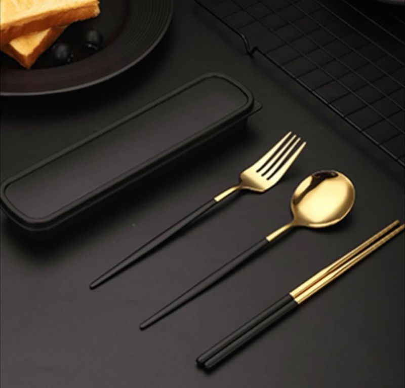 Photo 1 of Black and gold Cutlery set with cases stainless steel flatware set, portable reusable cutlery set, travel utensils set including chopstick, fork, spoon and case, square
