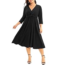 Photo 1 of 14W Pinup Fashion Women's Plus Size Twist Knot Front V Neck 3/4 Sleeve A-line Wedding Guest Midi Dress