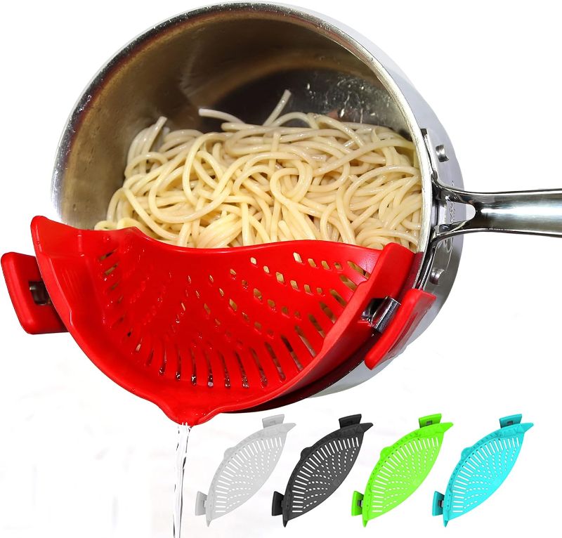 Photo 1 of Clip On Pasta Strainer Silicone - Universal Fit for all Pots and Bowls | Snap On Drainer for Pasta, Meat, Vegetables, Fruit | Silicone Colander for Kitchen | Easily Drain Food | Space Saving