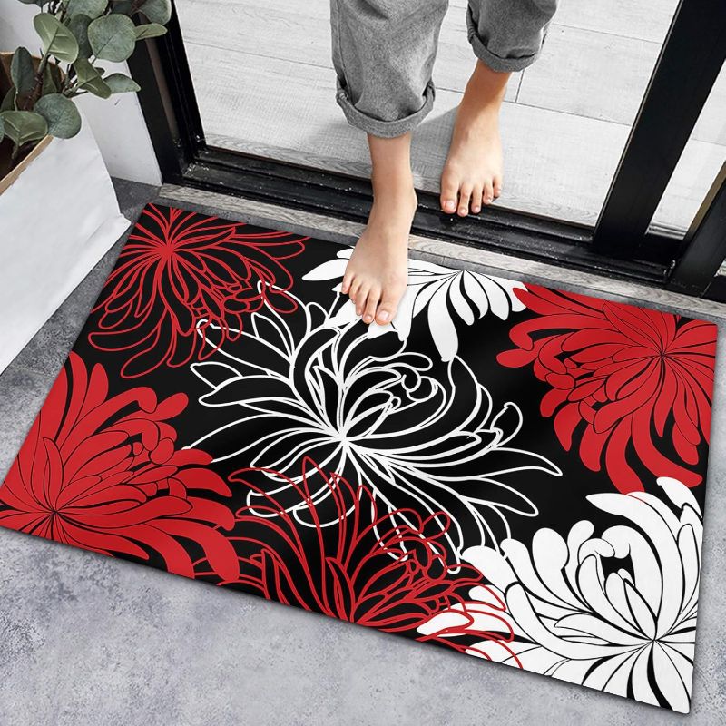 Photo 1 of Abstract White Red Chrysanthemum Flower Welcome Bath Mat, Line Floral on Black Thin Floor Carpet Mat for 32x20In
