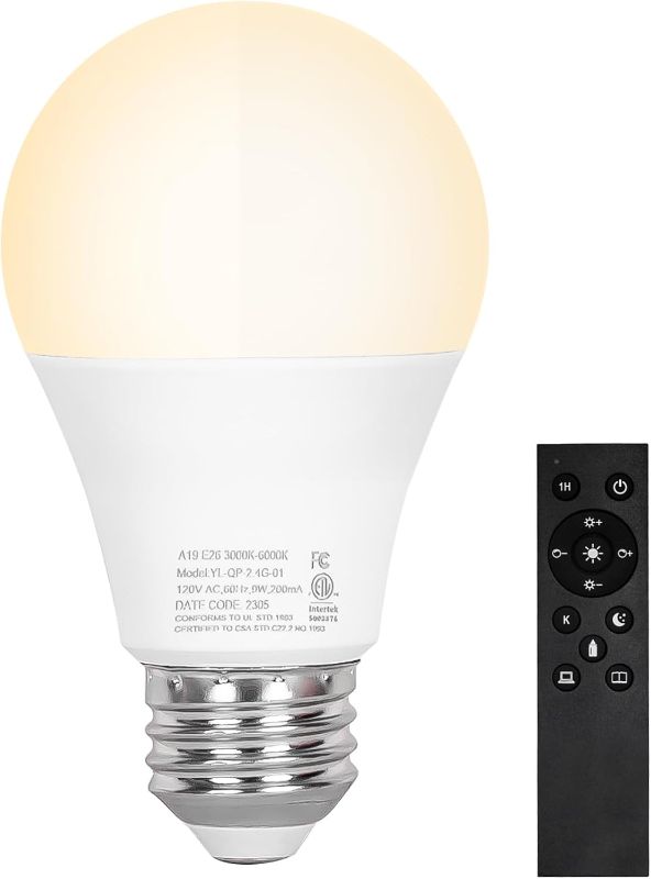 Photo 1 of A19 LED Light Bulbs, E26 Dimmable Bulb with Remote Control, Warm White 2700k-6000K, 35000+ Hours Lifespan, Edison Dimmable LED Bulb for Floor Lamp, Desk Lamp, Pendant Light