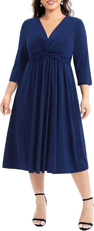 Photo 1 of 26w Pinup Fashion Women's Plus Size Twist Knot Front V Neck 3/4 Sleeve A-line Wedding Guest Midi Dress
