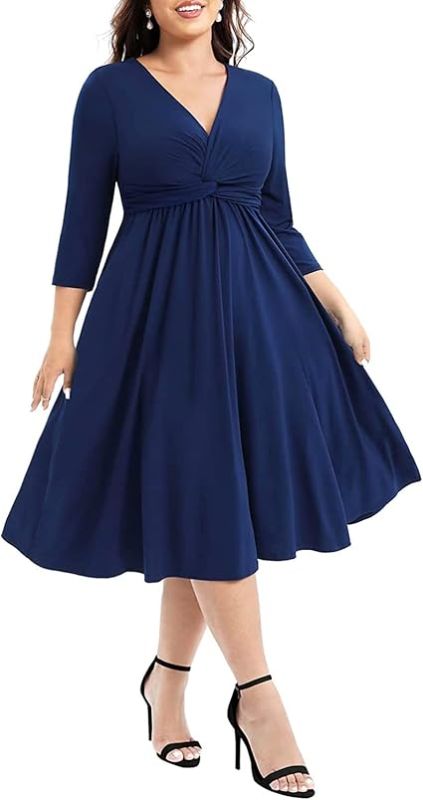 Photo 1 of 18w Pinup Fashion Women's Plus Size Twist Knot Front V Neck 3/4 Sleeve A-line Wedding Guest Midi Dress
