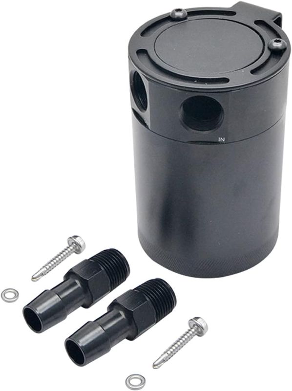 Photo 1 of Compact Oil Catch Can, Universal Oil Catch Can Baffled Reservoir Tank Air-Oil Separator, 2 Port, Aluminum, 300ml, Black, Pot Only
