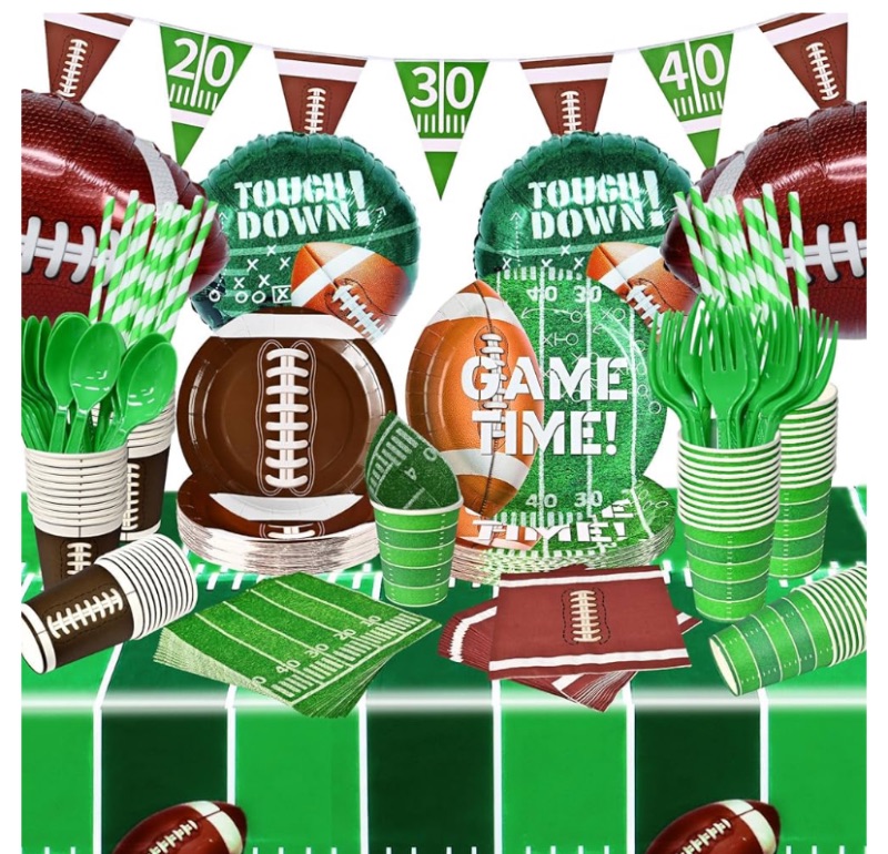 Photo 1 of Football Party Supplies Birthday Decorations Football Banners Paper Plate Cup Napkins Fork Spoon Tablecloths for Football Match 10 Guests DESIGN MAY VARY**