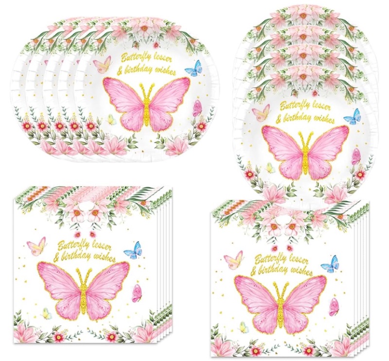 Photo 1 of Butterfly Party Supplies include plates, napkins, cups, table cloth, banner and much more for the kids Butterfly birthday party decoration OVER 120PCS FOR 10 GUEST