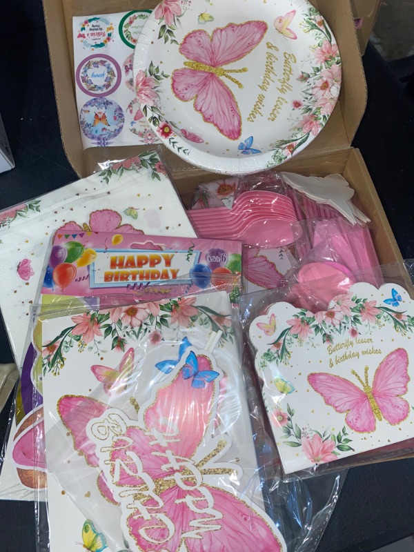 Photo 1 of Butterfly Party Supplies include plates, napkins, table cloth, banner and much more for the kids Butterfly birthday party decoration OVER 80PCS FOR 10 GUEST