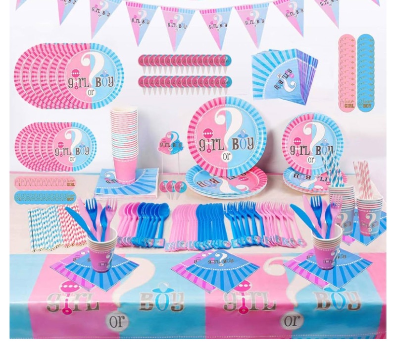 Photo 1 of Gender Reveal Party Supplies Tableware Set - (275 PCS) Baby Gender Reveal Partyware Kit For 20 Guest Baby Gender Reveal With Flatware, Spoons, Plates, Cups, Straws, Napkins, Tablecloth, Cake Topper