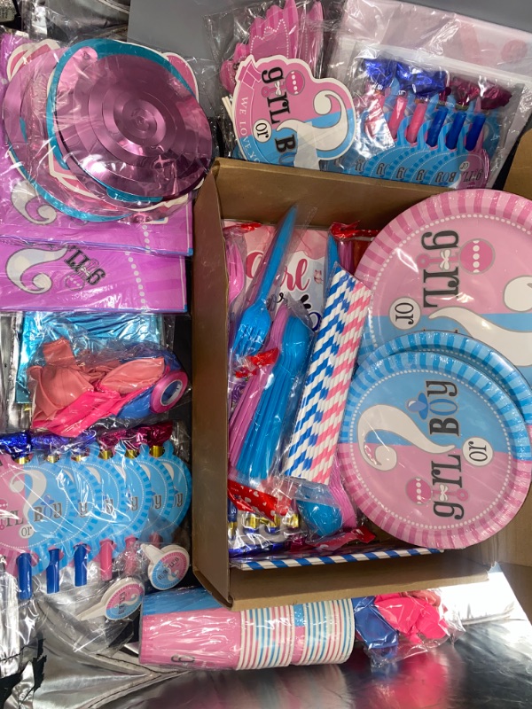 Photo 2 of Gender Reveal Party Supplies Tableware Set - (275 PCS) Baby Gender Reveal Partyware Kit For 20 Guest Baby Gender Reveal With Flatware, Spoons, Plates, Cups, Straws, Napkins, Tablecloth, Cake Topper