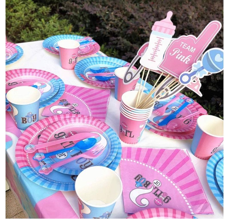 Photo 1 of Gender Reveal Party Supplies Tableware Set - (100 PCS) Baby Gender Reveal Partyware Kit For 10 Guest Baby Gender Reveal With Flatware, Spoons, Plates, Cups, Straws, Napkins, Tablecloth, Cake Topper