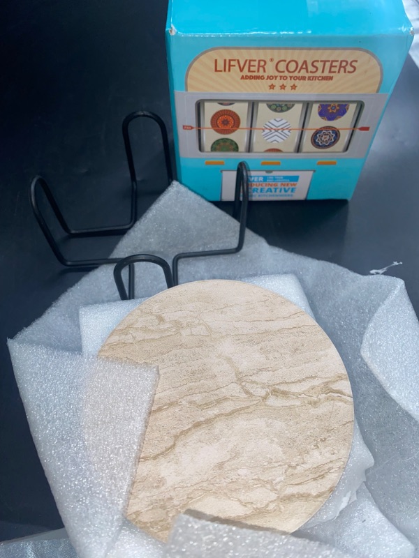Photo 1 of LIFVER Coasters Set of 6 Absorbent Drink Coasters with Holder, Marble Style Ceramic Thirstystone Coasters for Home Decor Coffee Table Protection, 4 Inches Suitable for Kinds of Cups Housewarming Gift
