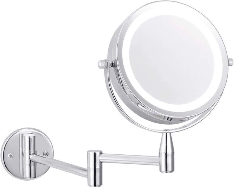 Photo 1 of FIRMLOC Wall Mounted Makeup Mirror LED Lighted Double Sided 5X Magnification 360° Swivel Extendable Cosmetic Vanity Mirror for Bathroom Hotels
