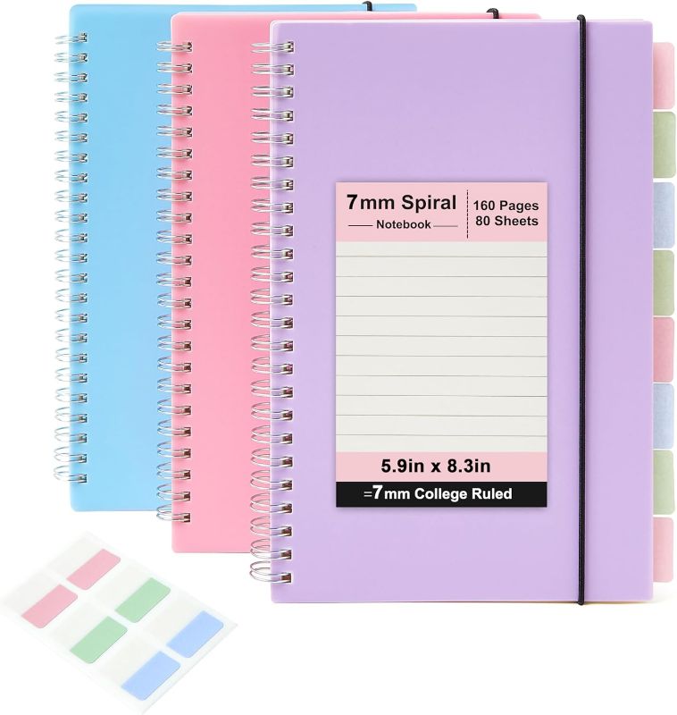 Photo 1 of 3 Pack Spiral Notebook, A5 Notebooks College Ruled 5.8" x 8.3", 100GSM 7mm College Ruled, 80 Sheets/160 Pages, College Ruled Notebook for School, Office, Sketch
