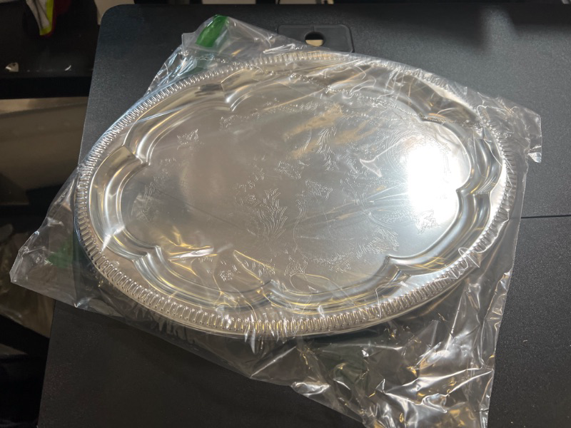 Photo 2 of (Pack of 4 15.7 inch x 11.4 inch traditional oval flower pattern carving dining chrome plated dinner plate mirror plate plate plate metal tableware party Medium T225M-4PK
