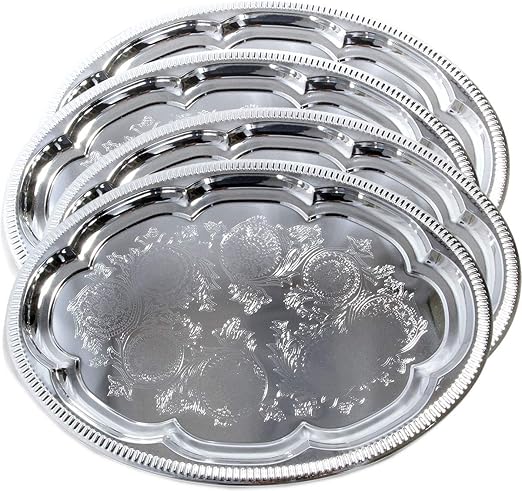 Photo 1 of (Pack of 4 15.7 inch x 11.4 inch traditional oval flower pattern carving dining chrome plated dinner plate mirror plate plate plate metal tableware party Medium T225M-4PK
