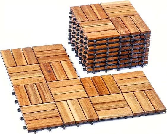 Photo 1 of 12 Slats Style, Pack of 9 Pieces, Premium Wood(Not Softwood Fir/Pine) Interlocking Deck Tiles, Patio Pavers Floor, Flooring, Decor, D.I.Y, Decking, Wholesales, 8.72 Square Feet, Brown(Sale Off 3 Days)