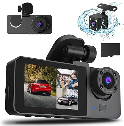 Photo 1 of 3 Channel Dash Cam, 1080P Dash Cam Front and Rear Inside, Three Way Dash Camera for Cars, Car Camera with 32GB Card, 24H Parking Mode, Loop Recording, Super Night Vision