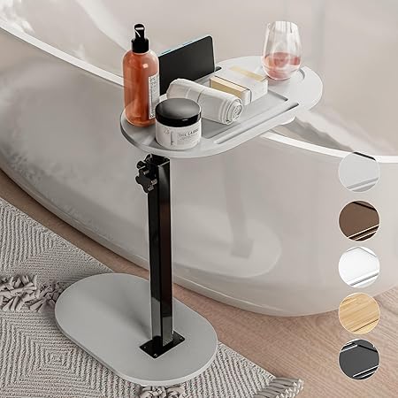 Photo 1 of Bamboo Bathtub Tray Table with Adjustable Height, Freestanding Bathtub Caddy for Tub Against Wall, Tub Organizer Suitable for Luxury Spa and House Warming - Patent Protected (Gray)