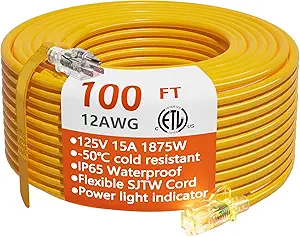 Photo 1 of 12/3 Gauge Heavy Duty Outdoor Extension Cord 100 ft Waterproof with Lighted end, Flexible Cold-Resistant 3 Prong Electric Cord Outside, 15Amp 1875W 12AWG SJTW, Yellow, ETL HUANCHAIN