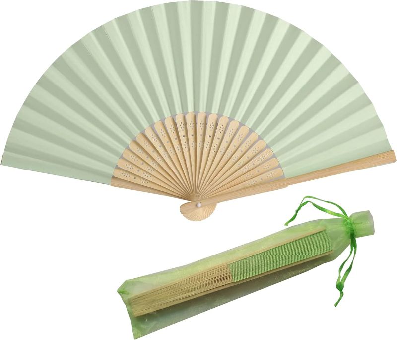 Photo 1 of 5 pcs  Paper Hand Fan with Organza Bags Bamboo Handheld Folded Fan Decorative Paper Fan Wedding Party Favors (Light Green)