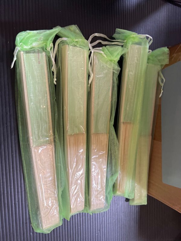 Photo 2 of 5 pcs  Paper Hand Fan with Organza Bags Bamboo Handheld Folded Fan Decorative Paper Fan Wedding Party Favors (Light Green)