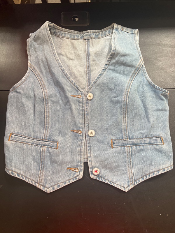 Photo 1 of   SMALL Women Y2K Button Down Denim Vest Sexy Sleeveless Denim Crop Top Low Cut Strapless Jean Corset Bustier Streetwear