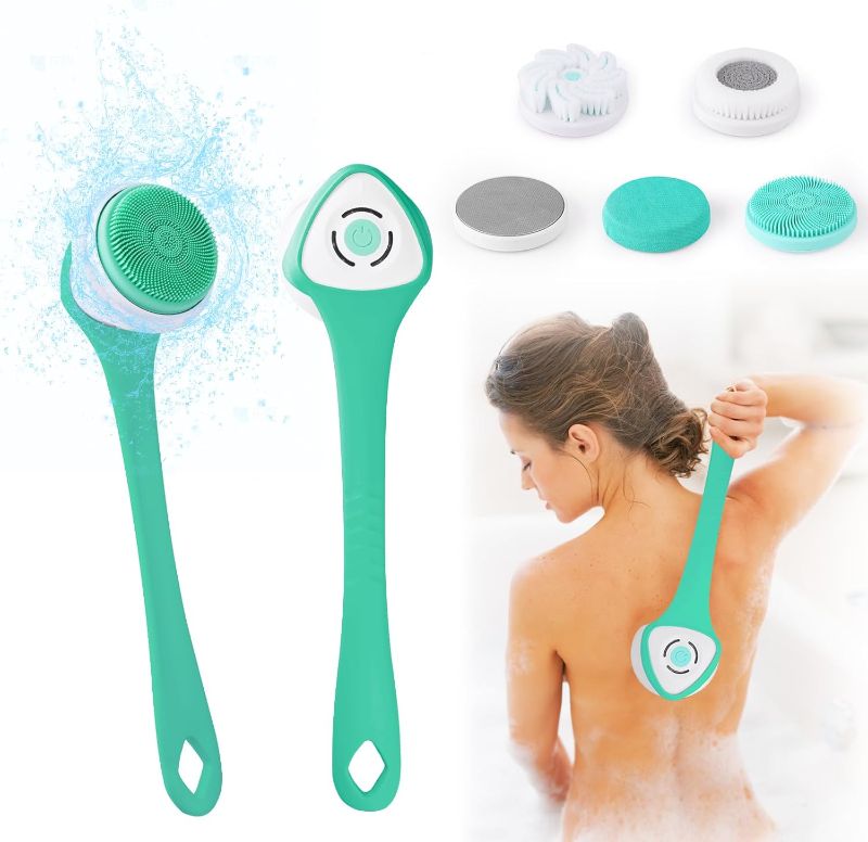 Photo 1 of Electric Body Scrubber with 5 Large Brush Heads,Long Handle Shower Back Scrubber for Body,3 Gear Adjustment Deep Cleansing Body Scrub Brush for Women & Men & Elderly,Green