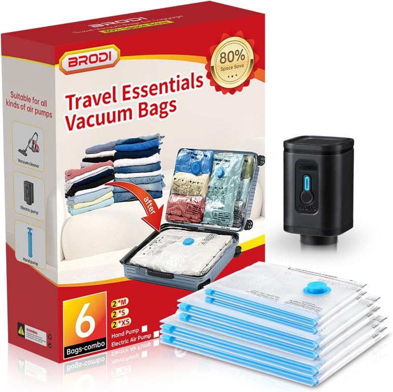 Photo 1 of BRODI 6 Combo Pack Travel Vacuum Bags with Pump - Compression Bags for Travel,Vacuum Storage Bags for Space Saver & Travel Essentials,Vacuum Seal Bags for Clothing,Travel Vacuum Bags for Luggage