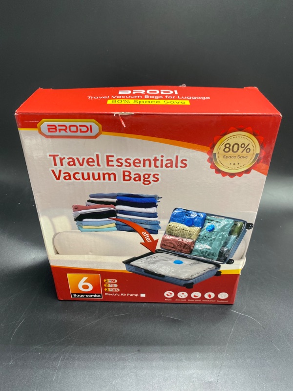 Photo 3 of BRODI 6 Combo Pack Travel Vacuum Bags with Pump - Compression Bags for Travel,Vacuum Storage Bags for Space Saver & Travel Essentials,Vacuum Seal Bags for Clothing,Travel Vacuum Bags for Luggage