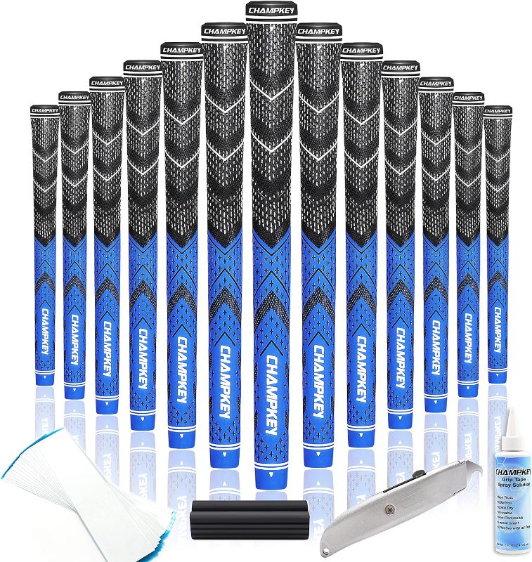 Photo 1 of CHAMPKEY Golf Grips 13 Pack | Come with Solvent,15 Tapes,Vise Clamp and Hook Blade | All Weather Control and High Feedback Golf Club Grips