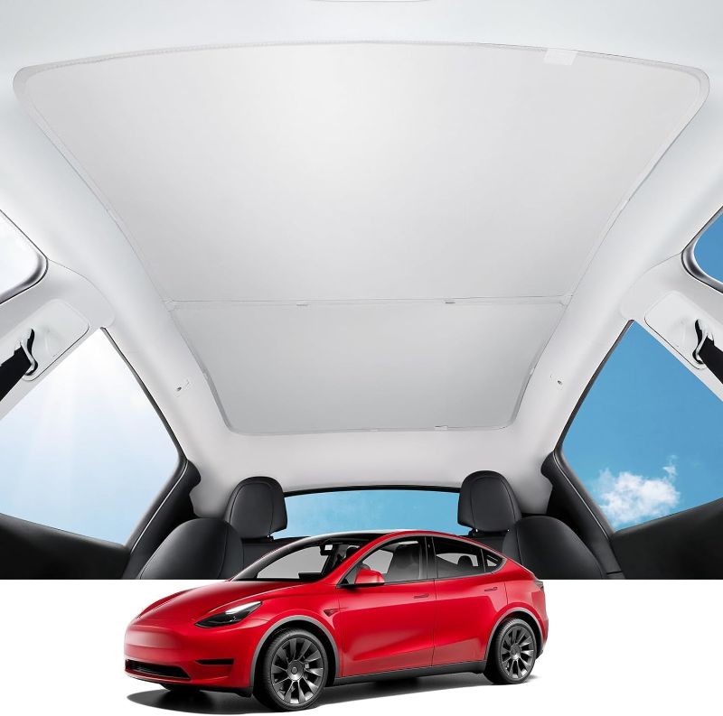 Photo 1 of BASENOR 2024 Upgraded Tesla Model Y Glass Roof Sunshade with Storage Bag Sunroof Blocking Heat Cover Top Window Sun Protection for Model Y Interior Accessories 2020-2024 Grey (No Sag)