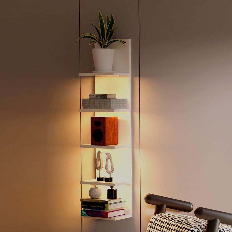 Photo 1 of 5-Tier Wall Shelf Unit, White Floating Shelves with LED Light, Lack Shelf for Bedroom Living Room Vanity Wall Storage Display