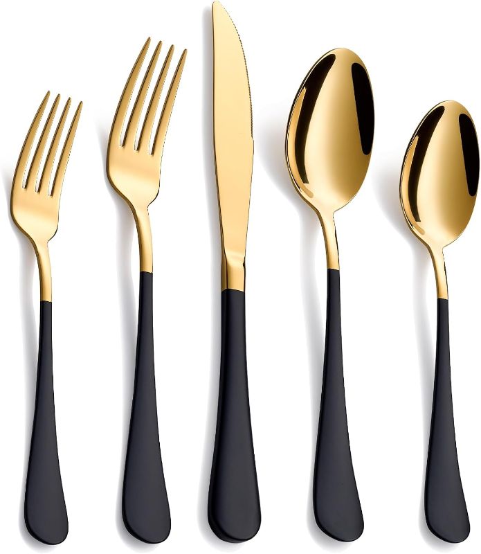 Photo 1 of 20-Piece Black & Gold Silverware Set, 18/0 Stainless Steel Colorful Handle Flatware Set, Service for 4, Modern Cutlery Set Includes Dinner Knives Forks Spoons, Mirror Polished, Dishwasher Safe