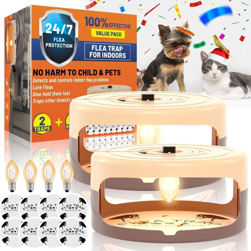 Photo 1 of 2 Pack Flea Traps for Inside Your Home with 8 Sticky Disc & 4 Bulbs & 2 Electric Wires, Flea Killer Indoor Bed Bug Trap Pest Control, Non Toxic & Harmless, Friendly to Pets & Kids