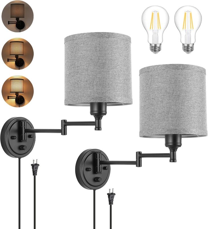 Photo 1 of ENCOMLI Dimmable Plug in Wall Sconces, Swing Arm Wall Lamp with Plug in Cord, Wall Sconces Set of Two, Plug in Wall Light, Grey Fabric Shade, 2pcs Bulbs Included