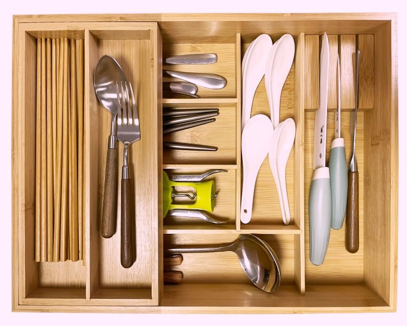 Photo 1 of Double layer Bamboo Kitchen Drawer Organizer, Utensil Silverware Organizer, Cutlery Tray, With Slidable & Removable Utensil Tray, With Knife Holder, Flatware Organizer,Multi-use storage box