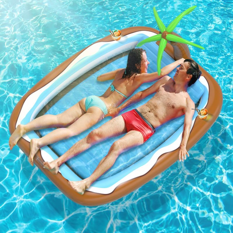 Photo 1 of Inflatable Tanning Pool Lounger Float, 79" x 63" Extra Large Suntan Tub Pool Floats for Adults, 4 in 1 Blow Up Kiddie Pool Kids Ball Pit Pool, XL-Coconut Tree