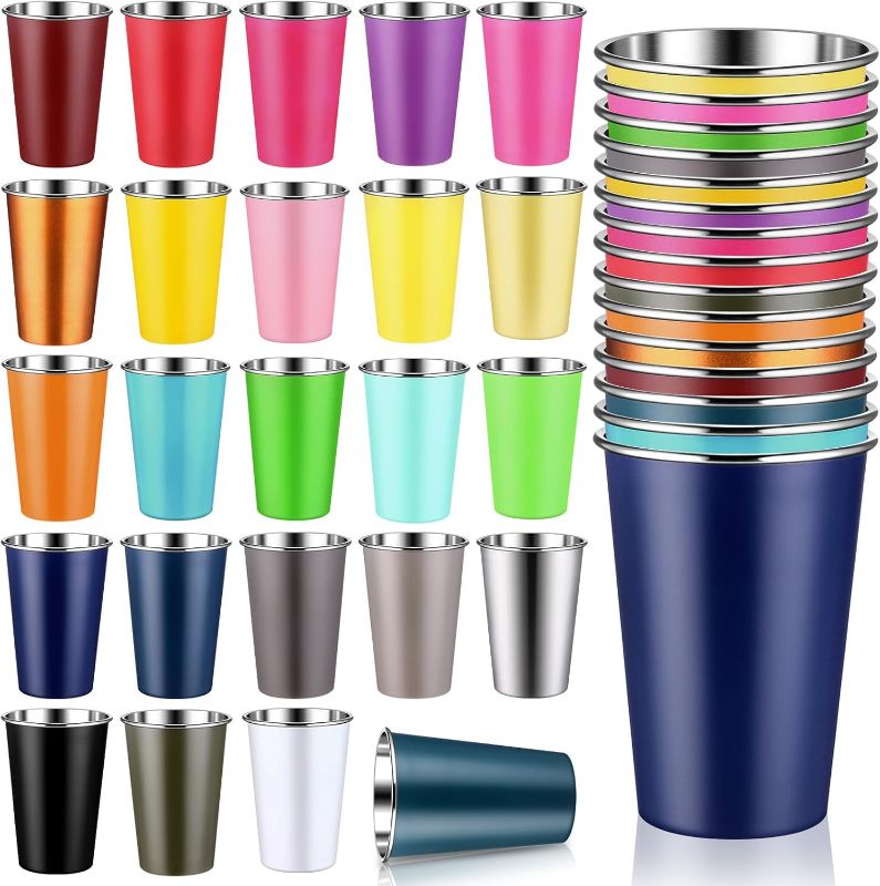 Photo 1 of Hushee 24 Pack 16 oz Stainless Steel Pint Cups Metal Cups 24 Colors Unbreakable Drinking Glasses Water Tumblers Stackable Cup for Kids Adults Bar Home Restaurant Travel Picnic Camping Outdoor