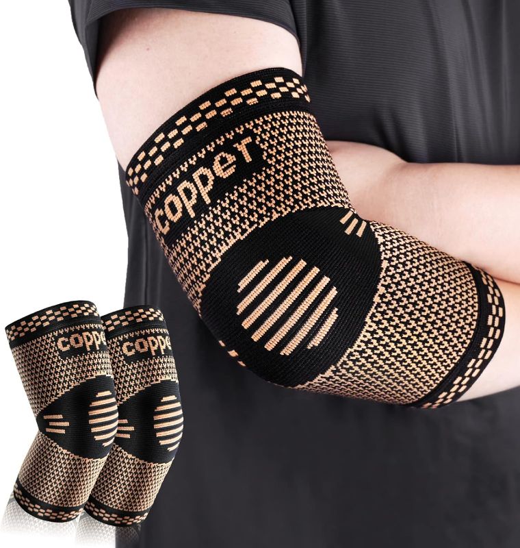 Photo 3 of Copper Elbow Sleeve,Elbow Compression Sleeve, Elbow Brace For Tendonitis and Tennis Elbow,Golfers, Arthritis, Bursitis. Elbow Pain Relief,Weightlifting, Fit for Men & Women