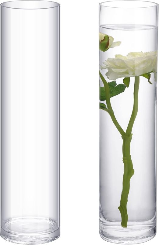 Photo 1 of 2 Pieces Cylinder Glass Vase Floral Container Clear Floor Flower Vase Tall Skinny Floating Candle Vases for Centerpieces Cylinder Candle Holders for Wedding Party Home Decor