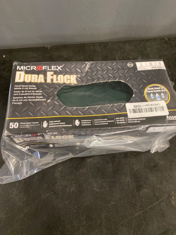 Photo 3 of Ansell Microflex Dura Flock DFK-608 Thick 8 mil Nitrile Gloves w/Flock Lining for Automotive, Aftermarket, Machinery - Large, Green (Box of 50)