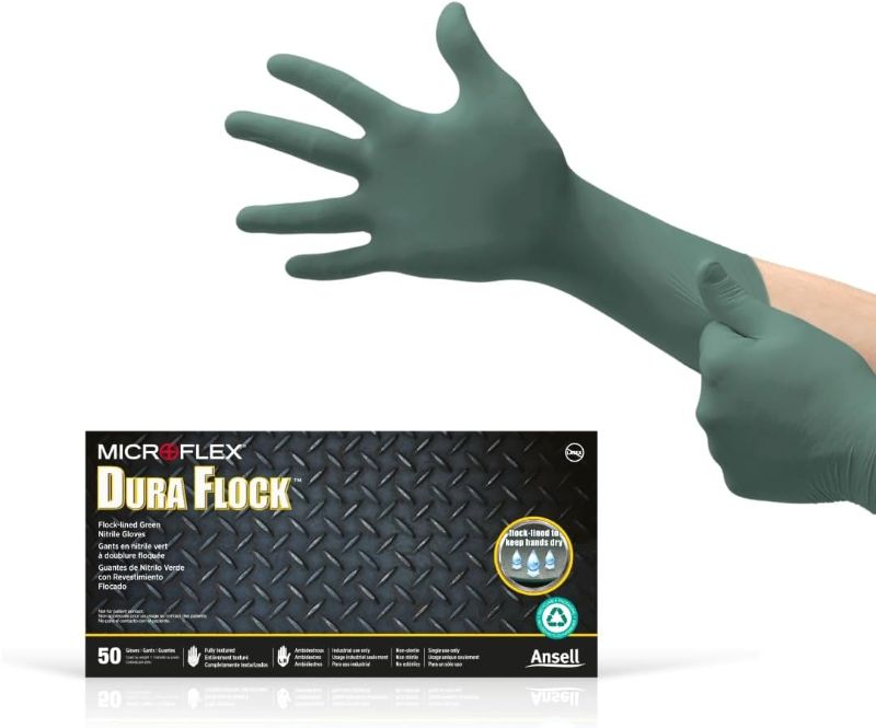 Photo 1 of Ansell Microflex Dura Flock DFK-608 Thick 8 mil Nitrile Gloves w/Flock Lining for Automotive, Aftermarket, Machinery - Large, Green (Box of 50)